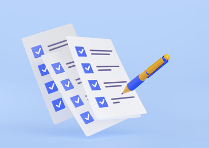 3D Illustration Pen Putting Blue Ticks Paper