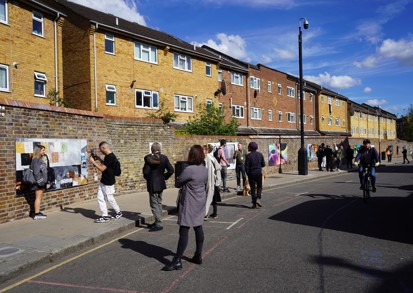 Residents paintings displayed as part of the public art installation at Portobello Wall, west London.