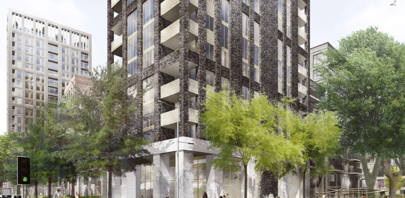 A CGI image showing one building with a decorative column.