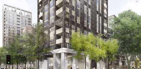 A CGI image showing one building with a decorative column.