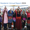 Residents Annual Report 2024 cover image. Depicts a group of people in colourful dress, celebrating at what appears to be a christmas party.