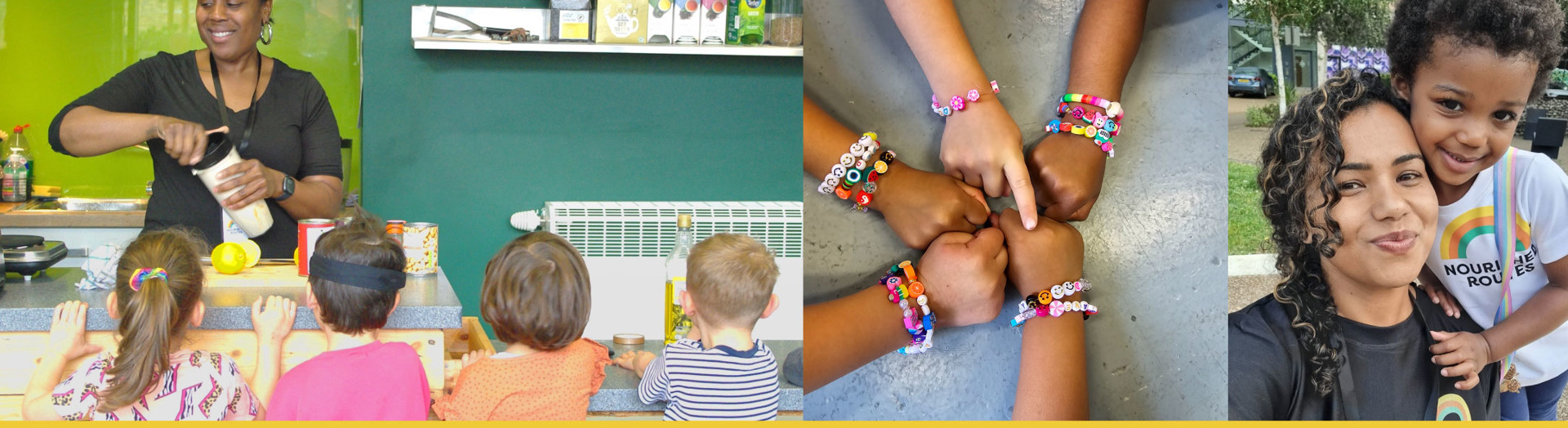 Four images showing residents celebrating Nourished Routes first birthday.