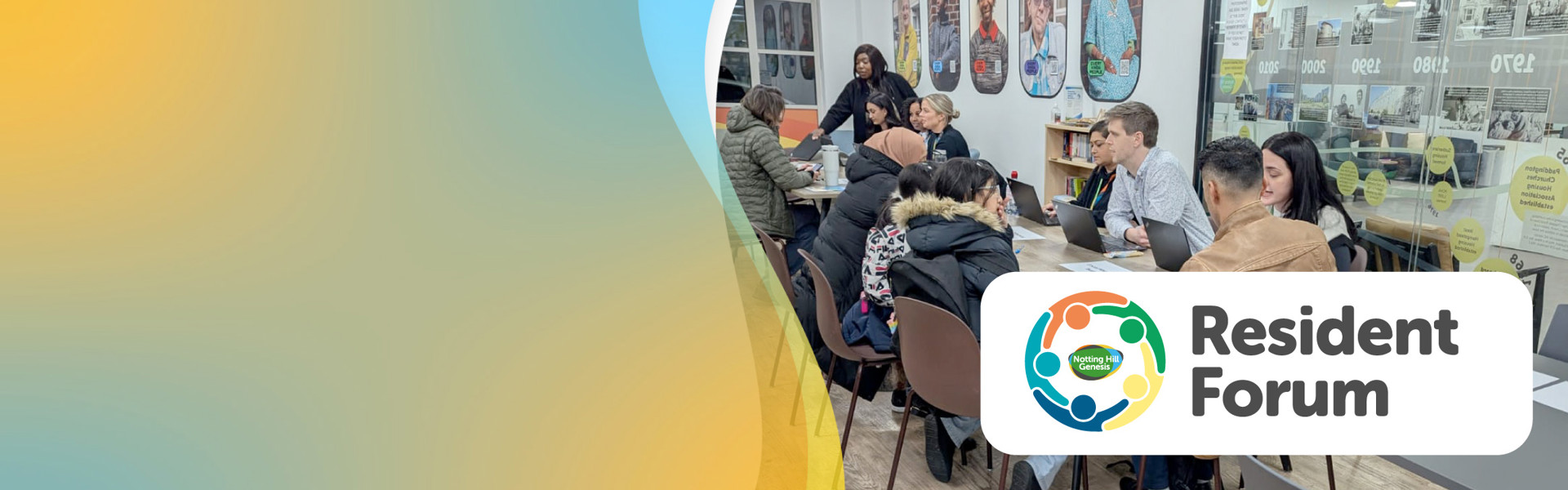 Banner image showing a group of people seated around a table in discussion, with posters and informational displays on the walls. In the foreground, a logo with colorful interconnected circles and the text 'Resident Forum' is visible. The left side of the image features a gradient background transitioning from yellow to blue