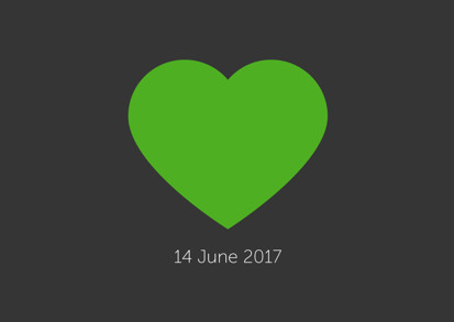 A green heart with the Grenfell date 14 June 2017 shown underneath.